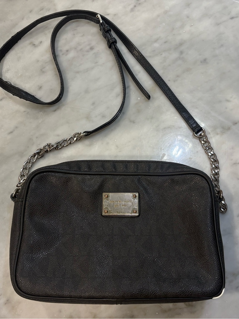 Michael Kors Fulton Large Crossbody Bag Black Signature Monogram Chain Strap